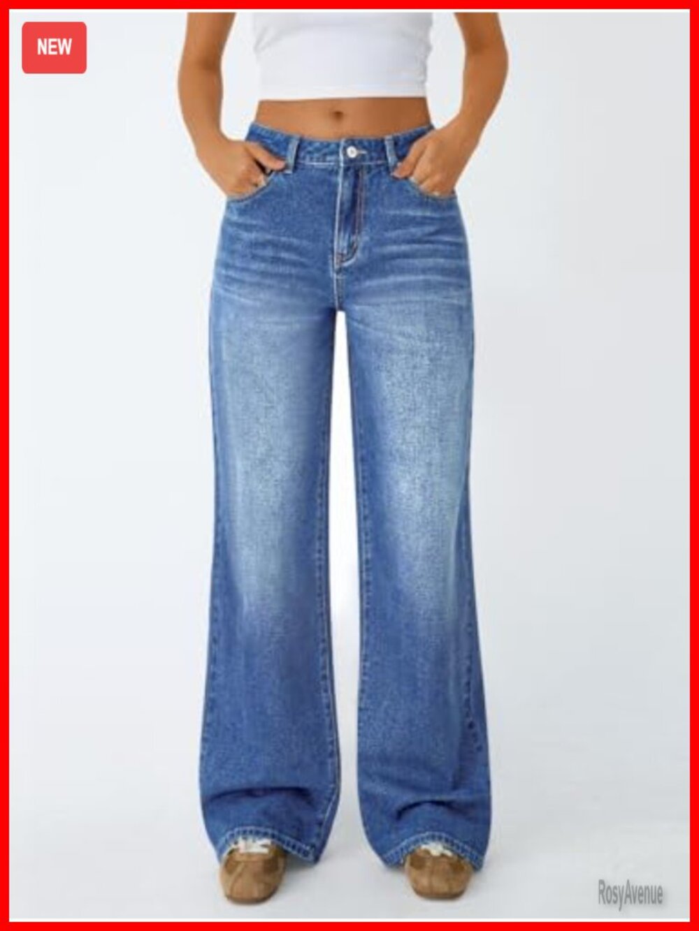 Women's High Waisted Straight Wide Leg Jeans Comfort Stretch Baggy Denim - Picture 2 of 6